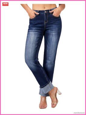 High Waisted Straight Leg Jeans Stretch Cuffed Denim Pants